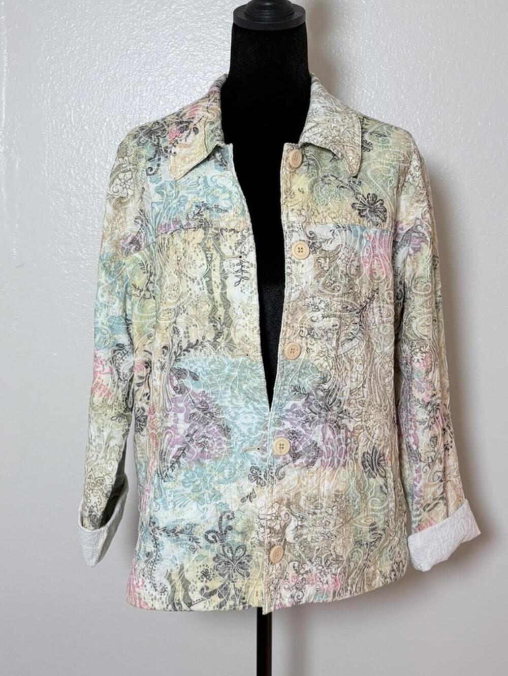 Baxter & Wells Floral Paisley Textured Button Up Jacket Sz L Pastel